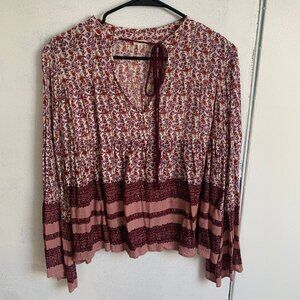 En Creme Womens Top Size M Cream Purple Floral 3/4 Sleeve Boho Peasant Blouse